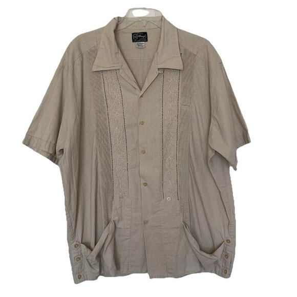 Guayaberas Alonzo Mens 50 Shirt 100% Linen Beige Embroidery Pockets Button - Picture 1 of 10